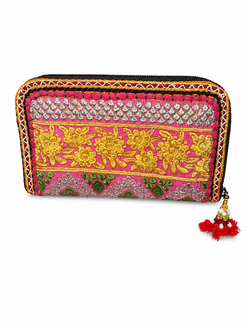 Banjara Embroidered Floral Pink Women's Zip Wallet - Ethnic Boho Style - Picture 2 of 3